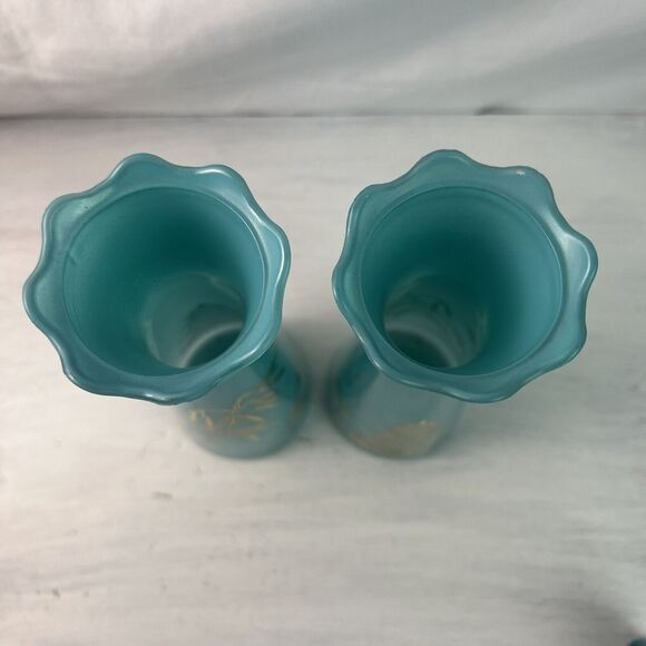 Pair Vintage Bartlett Collins Atomic Age Glass 9" Vase Blue Gold Asian Pagoda - Picture 3 of 7